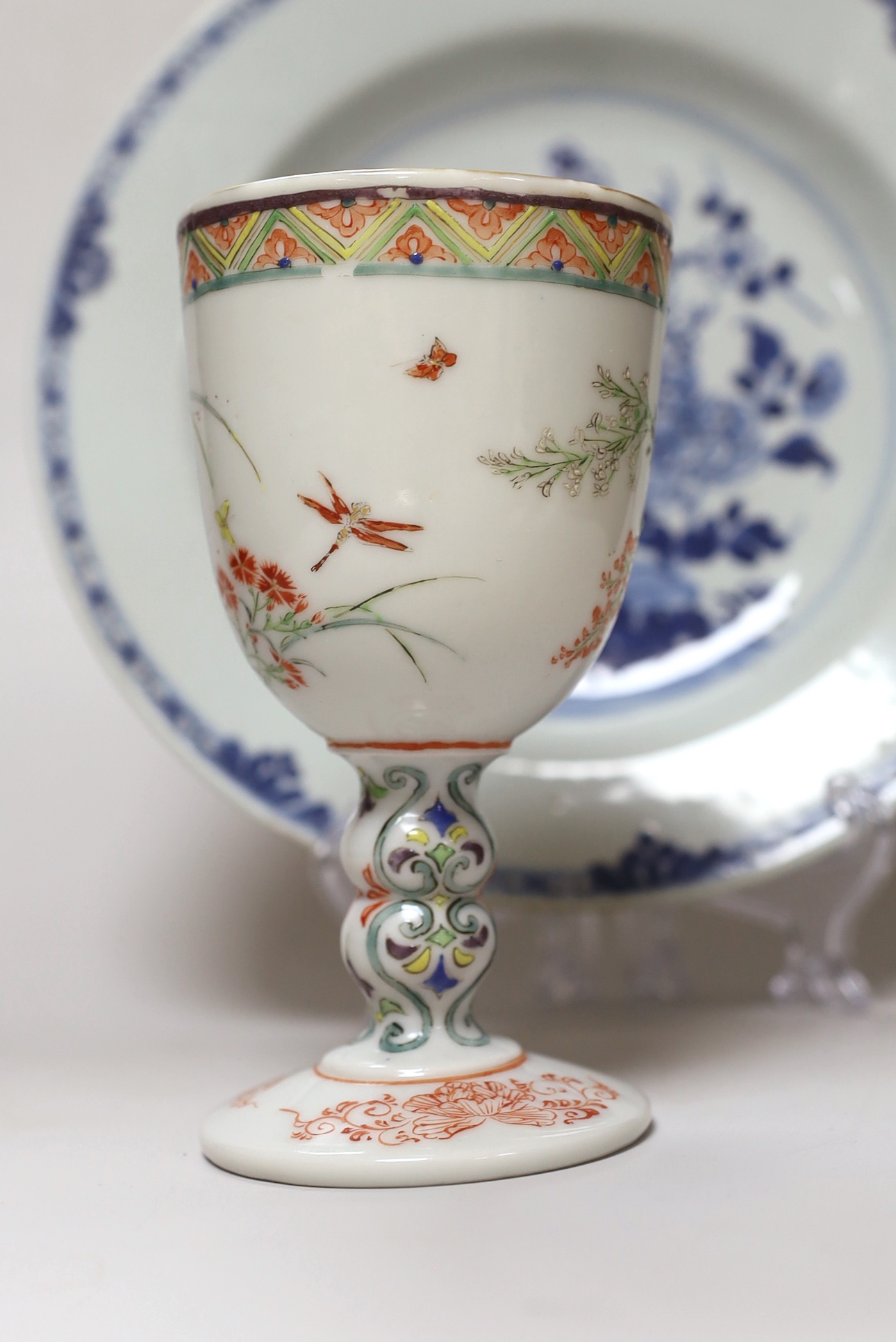 An unusual Japanese porcelain goblet and an 18th century Chinese export blue and white plate